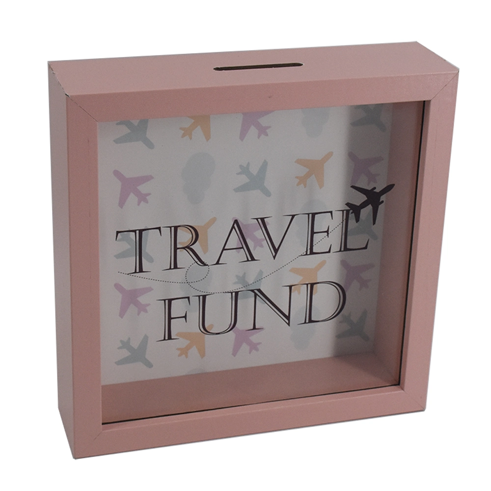 Piggy Banks for Adults, Decorative Shadow Box Wooden Frame, Coin Bank Money Bank, Sized 6.5X6.5X2.2 Inch, Natural Wood Money Box, Printed on The Plexiglass Fron